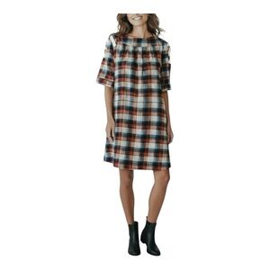 Hayden LA Large Dress Western Rust Red Blue Plaid Flannel Lace Up 3/4 Sleeves